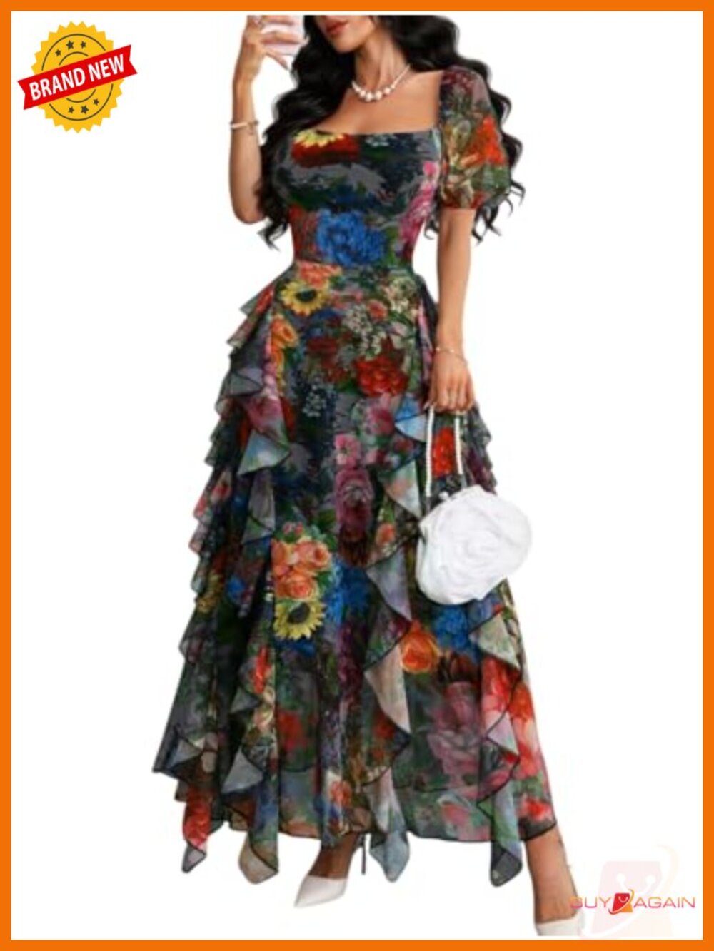 Womens Floral Mesh Ruffle Puff Sleeve Square Neck A-Line Party Dress